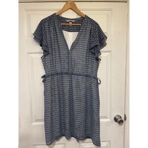 Short Flutter V Neck H&M Blue White Print Dress Elastic Waist with Ties Flowy XL